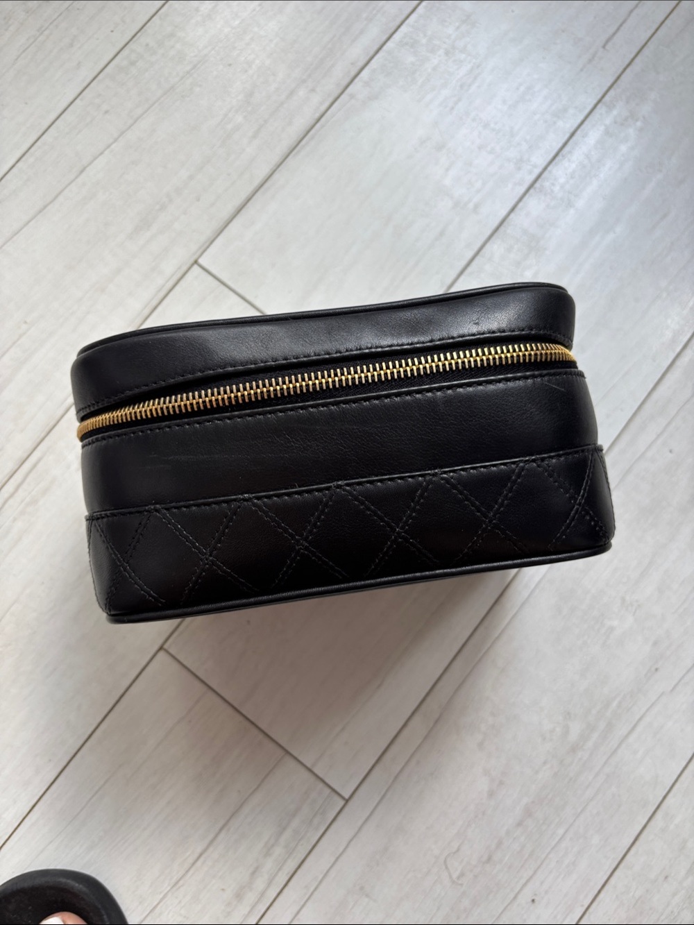 CHANEL Black Quilted Leather Vanity Case with Gold Zipper